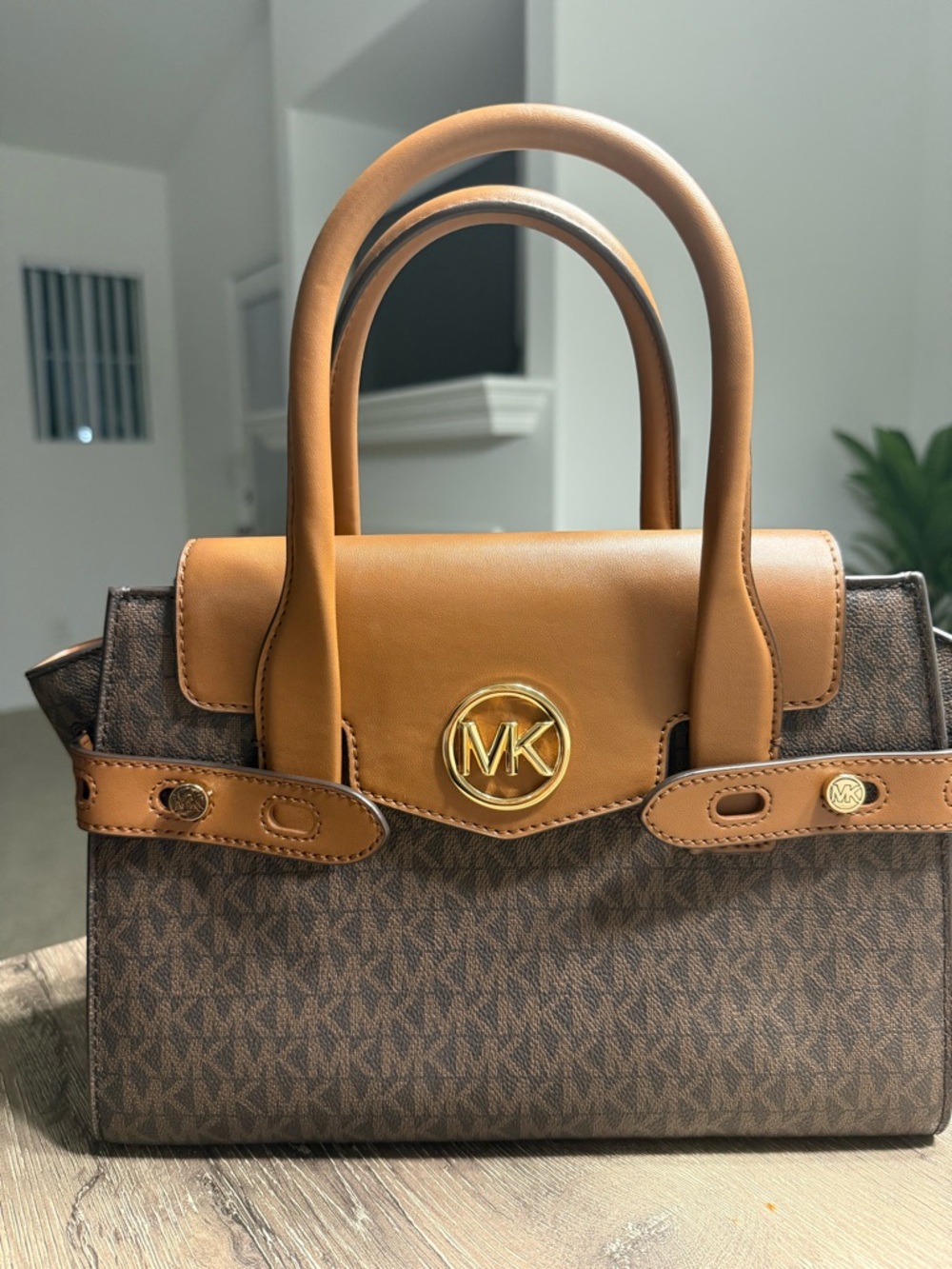 Michael Kors Brown Logo Canvas and Tan Leather Satchel with Gold MK Emblem
